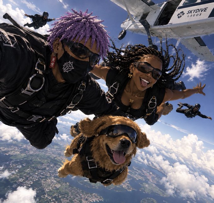 An action shot of a skydiving group with a Skydive Lagos plane in the background, featuring two smiling jumpers and a golden retriever wearing goggles during freefall.