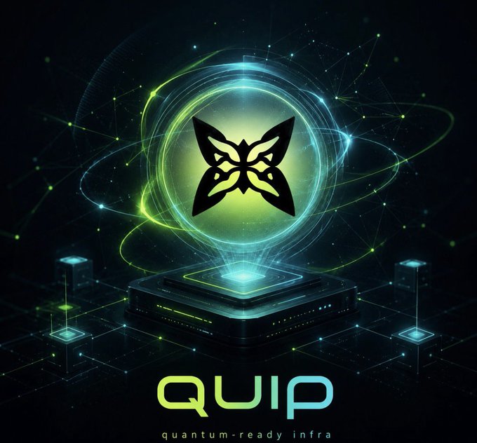 A futuristic graphic showing a stylized green and black butterfly logo hovering above a glowing pedestal surrounded by digital particle effects, with the text 'QUIP quantum-ready infra' at the bottom.