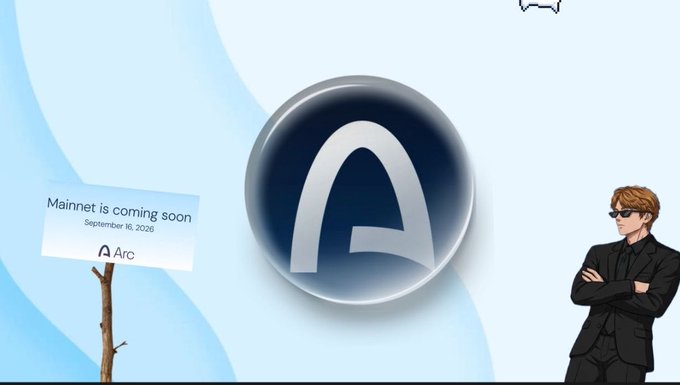 A promotional graphic featuring a large dark blue circular logo with the letter 'A' and an Arc character on the right, alongside a sign reading 'Mainnet is coming soon September 16, 2026 Arc'.