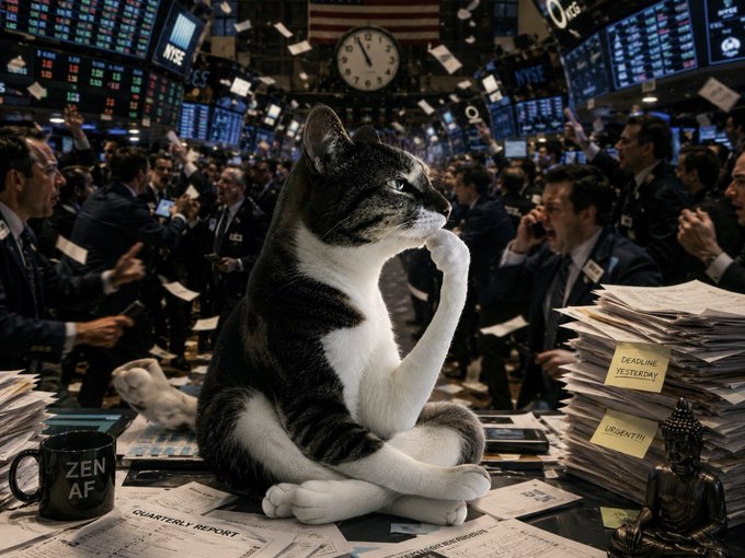 A zen cat sits calmly in a meditation pose amid a chaotic stock trading floor, with a "ZEN AF" mug beside it and a sticky note reading "DEADLINE YESTERDAY" and "URGENT!!!" on a towering stack of papers, perfectly capturing the post's "No worries" message against the frenetic NYSE background.