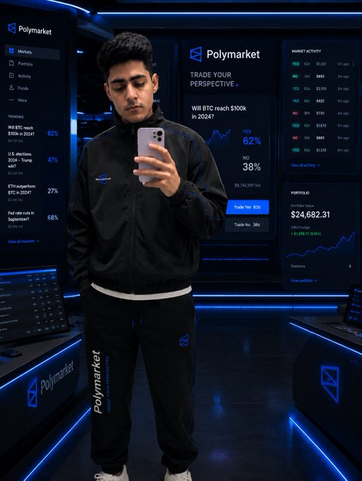 A young man in black tracksuit pants takes a mirror selfie in front of multiple screens displaying the "Polymarket" interface, showing a portfolio value of $24,682.31 and prediction odds like "Will BTC reach $100k in 2024? YES 62% / NO 38%."
