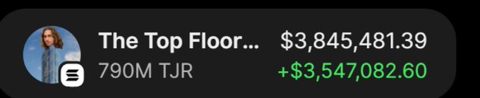 A stats widget shows "The Top Floor..." with a balance of $3,845,481.39 and a gain of +$3,547,082.60, labeled "790M TJR."