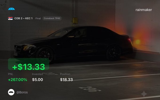 A dark image of a Mercedes-Benz car parked in a garage serves as the background for a sports betting interface showing a profit of '+$13.33' on the match 'COB 2 – KEC 1' under the user '@Boros'.