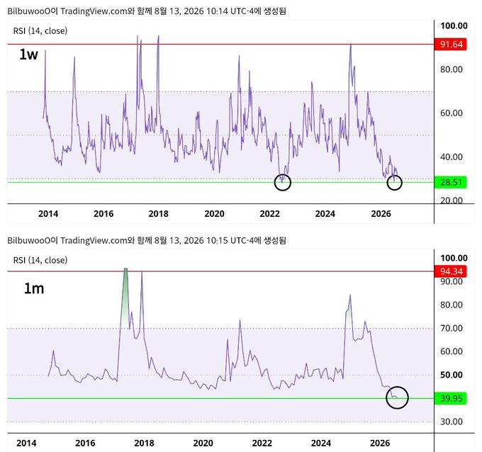This image shows two TradingView RSI (14, close) charts for the ticker "BilbuwooO" with timestamps dated August 13, 2026—the weekly chart (1w) displays RSI at 28.51, while the monthly chart (1m) shows RSI at 39.95, both circled at the lower green support line to highlight the historically oversold reading referenced in the caption.