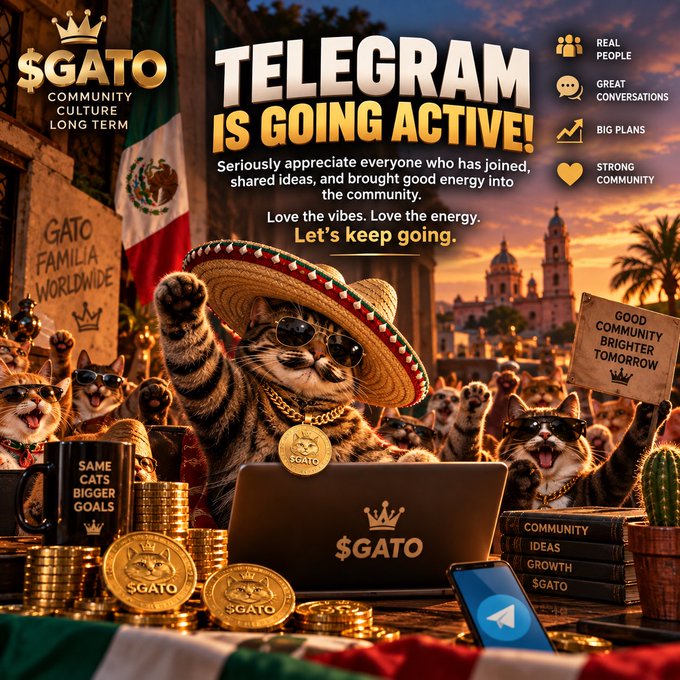A promotional graphic for '$GATO' Telegram community featuring cats wearing sombreros and sunglasses, with text reading 'TELEGRAM IS GOING ACTIVE!' and '$GATO COMMUNITY CULTURE LONG TERM' alongside Mexican flag elements.