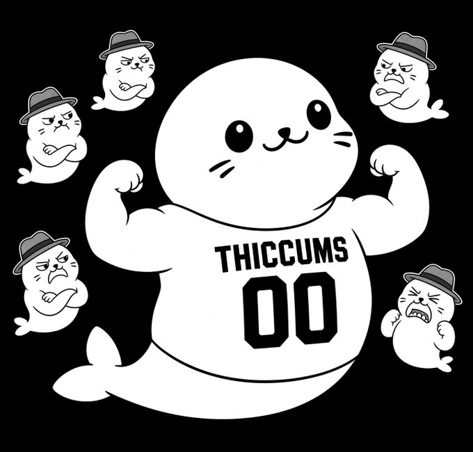 A black and white cartoon of a muscular seal wearing a tank top reading 'THICCUMS 00', flexing its biceps while surrounded by smaller seals wearing fedora hats with angry expressions.