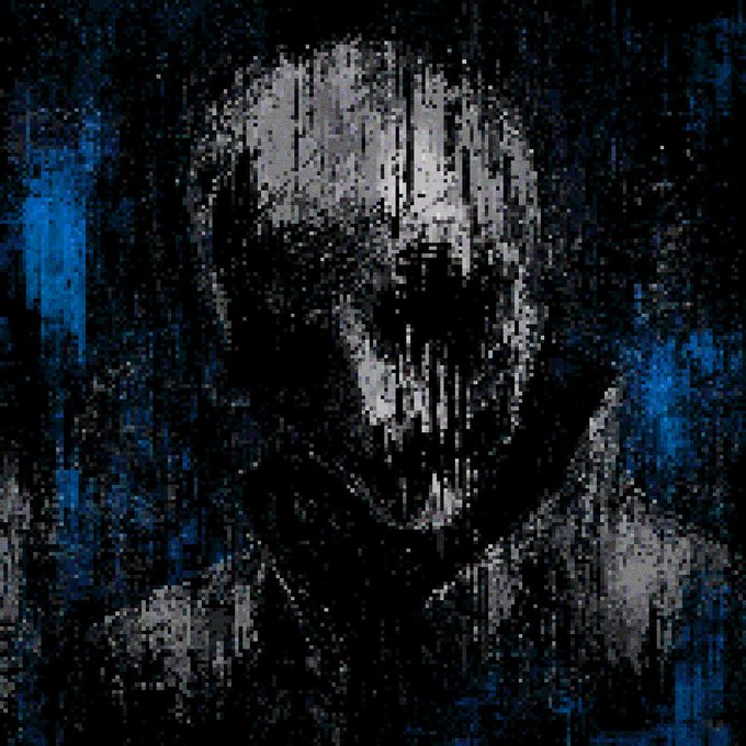 A dark, glitchy, pixelated portrait of a hooded figure with white hair and face markings against a deep blue background.