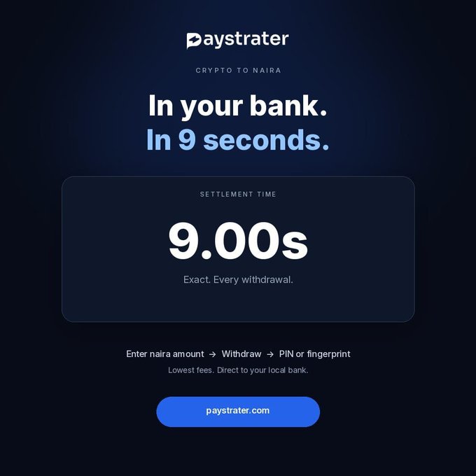 A Paystrater promotional graphic advertises "Crypto to Naira" conversions with a guaranteed 9.00-second settlement time directly to your bank, highlighting low fees and a simple three-step process (enter naira amount, withdraw, PIN/fingerprint). The dark blue design features the Paystrater logo and a prominent blue call-to-action button linking to paystrater.com.