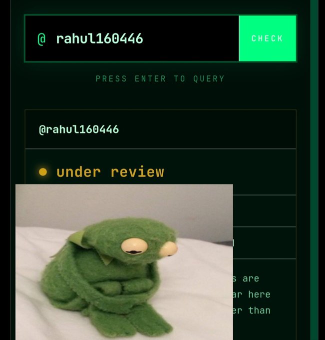A screenshot of a username lookup tool searching for '@rahul160446' which is marked 'under review', displayed alongside an image of a green plush character.