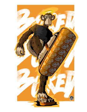 An artistic illustration of a monkey wearing a black shirt and a halo, standing next to a large yellow skateboard with the words 'BUCKET' repeated in white text in the background.