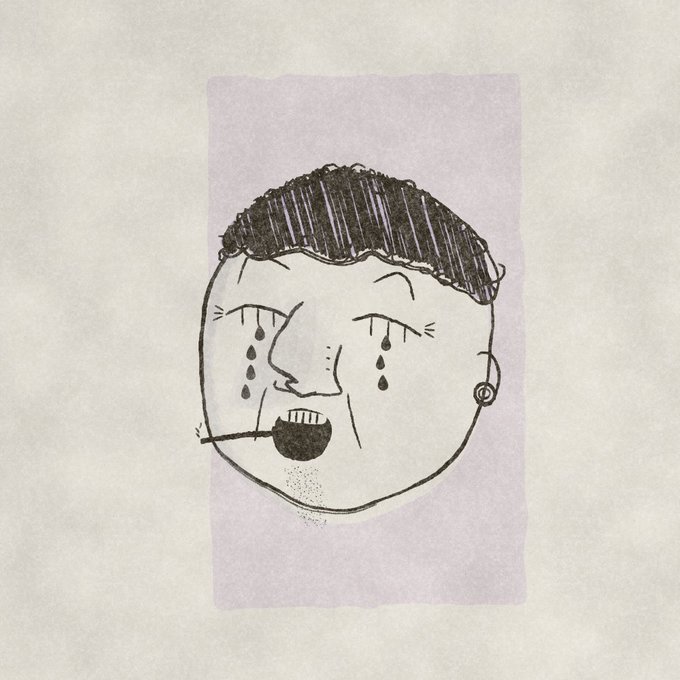 A hand-drawn sketch on purple paper depicting a cartoon face with an afro, crying tears and smoking a cigarette.