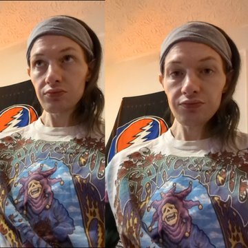 Two side-by-side photos show a person wearing a gray headband and a t-shirt featuring artwork of characters including a Grateful Dead-style skeleton and other colorful figures, with a Grateful Dead lightning bolt tapestry visible in the background.