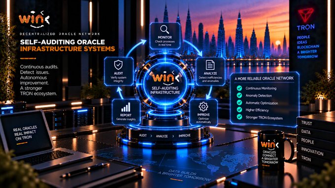 A promotional infographic for 'WIN' - a Decentralized Oracle Network for TRON, advertising 'SELF-AUDITING ORACLE INFRASTRUCTURE SYSTEMS' with a circular flow diagram showing Monitor, Audit, Analyze, Improve, and Report functions.
