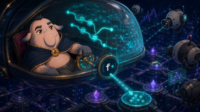 A digital illustration shows a goat-like character in a futuristic spaceship cockpit piloting through a neon blue cyberspace, with floating drones and a network of purple and teal technological nodes.