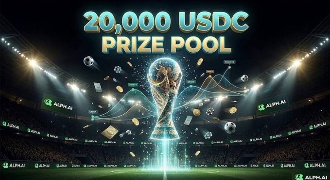An Alpha.AI promotional graphic for a '20,000 USDC PRIZE POOL' featuring a World Cup-style trophy in a stadium.