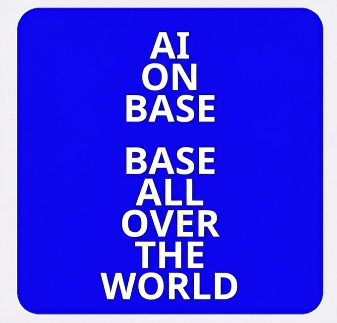 The image features a blue square sign with white text that reads "AI ON BASE ALL OVER THE WORLD" written in capital letters. The sign is placed against a gray background, making it stand out prominently.