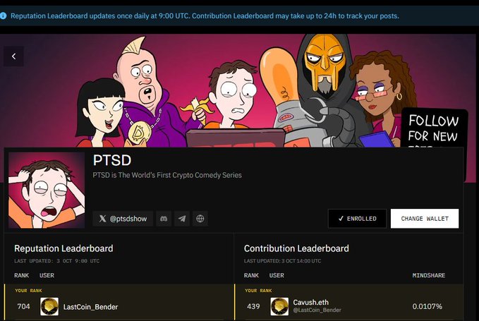 A screenshot of a webpage for 'PTSD' (described as 'PTSD is The World's First Crypto Comedy Series') showing an X handle '@ptsdshow', an 'ENROLLED' button, and leaderboards for reputation (rank 704, 'LastCoin_Bender') and contribution (rank 439, 'Cavush.eth').