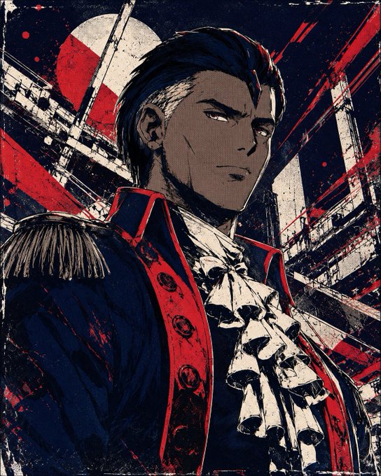 An anime-style illustration of a stern man with dark hair wearing a dark military-style coat with red trim, white ruffled shirt, and epaulettes.