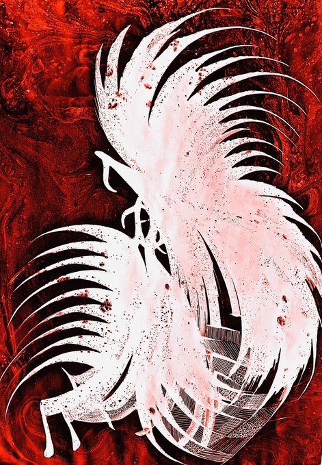 An abstract artwork titled "Flight Through Crimson" featuring a white, stylized mythical bird with long flowing feathers against a swirling deep red background. The image visually represents the theme of a spirit moving between darkness and light, embodying the concept of "rebirth" described in the post.