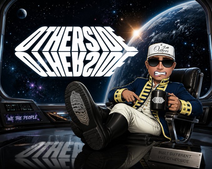A stylized cartoon figure in a navy and gold military-style jacket and "Otherside" cap sits casually with a branded mug in a space-themed cockpit overlooking Earth, with bold "OTHERSIDE" branding and "WE THE PEOPLE" / "BUILT DIFFERENT. LIVE OTHERSIDE." text displayed around him—evoking the post's "The People have arrived" message of taking a moment to recharge and enjoy the journey.
