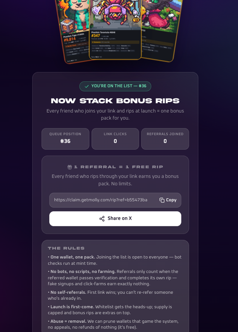 A dark-themed referral dashboard for "GetMolly" showing "NOW STACK BONUS RIPS" with the user at queue position #36, displaying stats (0 link clicks, 0 referrals joined) and a referral link (https://claim.getmolly.com/rip?ref=b55473ba) alongside the accompanying Chinese community welcome message.