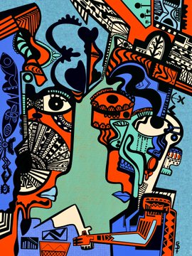 A colorful, abstract cubist-style illustration featuring fragmented faces, patterns, and vibrant blue, red, green, and orange colors.