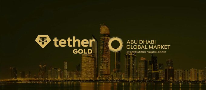 A gold-tinted skyline of Abu Dhabi features the Tether Gold logo alongside the "Abu Dhabi Global Market - An International Financial Centre" emblem, visually reinforcing the announcement that Tether Gold (XAUT) has been officially recognized as a valid spot commodity at the ADGM financial center.