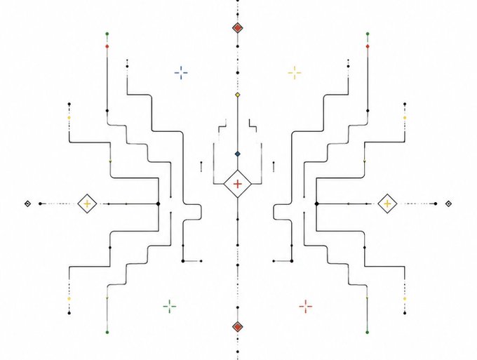 A symmetrical abstract diagram with branching line networks and diamond nodes in muted colors, including blue, yellow, red, and green cross markers, appears to represent the interconnected growth and network maturity of Bittensor ($TAO) following its v431 upgrade.