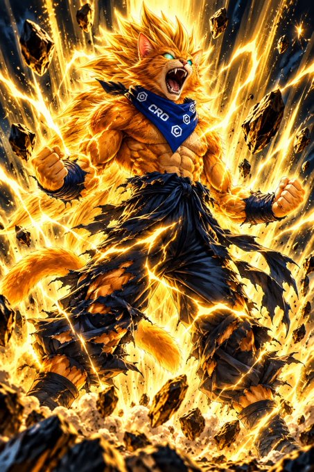 An anime-style illustration shows a muscular, anthropomorphic orange cat in a powerful Super Saiyan-like transformation, surrounded by yellow energy and lightning, wearing a blue bandana with 'CRD'.
