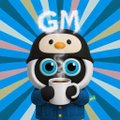 A cartoon penguin mascot with large blue eyes wearing a black hood, with the text 'GM' displayed at the top against a colorful radiating background.