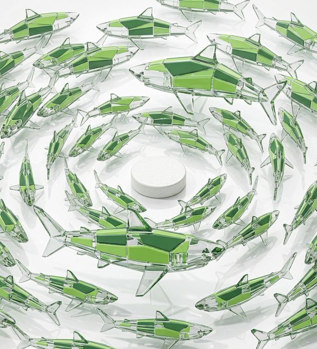 The image features a swarm of translucent green fish-shaped geometric objects swimming in a circular pattern around a white pill or tablet in the center. This visual metaphor complements the post's discussion of "blue ocean" versus "red ocean" markets by depicting the fish circling toward a central point—suggesting how Boba Network aims to tap into untapped demand, with the pill likely symbolizing a product or solution at the heart of an unexplored (blue) market opportunity.