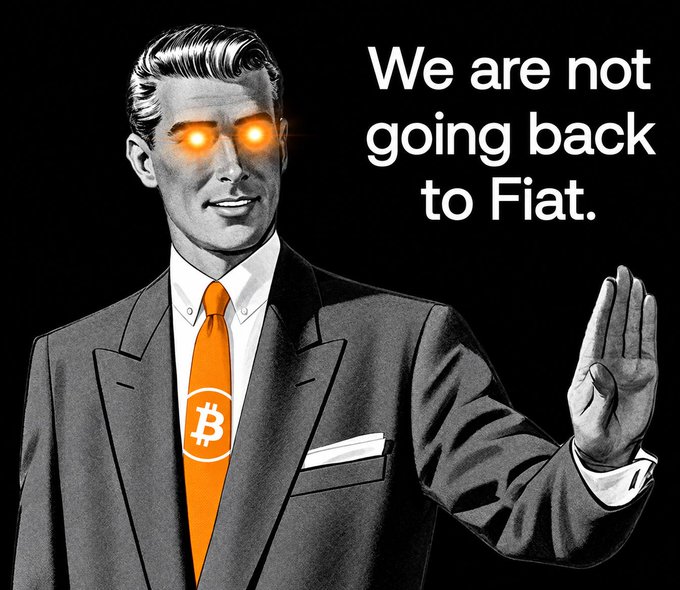 A black-and-white retro illustration of a confident, sharply dressed man with glowing orange eyes and an orange Bitcoin (₿) tie, raising his hand in a stop gesture beside the text "We are not going back to Fiat." The image reinforces the post's message that once you enter crypto, there's no turning back to traditional money—the "exit ramp" only goes one way toward Bitcoin.