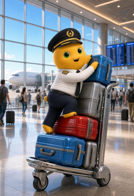 A 3D rendered cartoon pilot character in uniform sitting on a luggage cart stacked high with suitcases in a bright airport terminal with a plane visible outside.