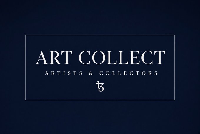 A dark navy blue graphic displaying the logo 'ART COLLECT' with the tagline 'ARTISTS & COLLECTORS' and a stylized 't3' emblem centered within a rectangular frame.