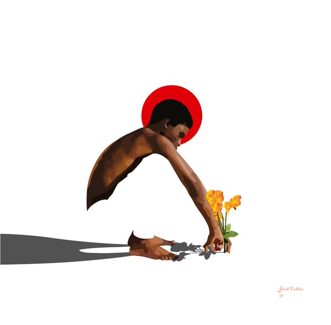 Minimalist illustration of a kneeling figure with a red halo reaching toward a small potted yellow flower.
