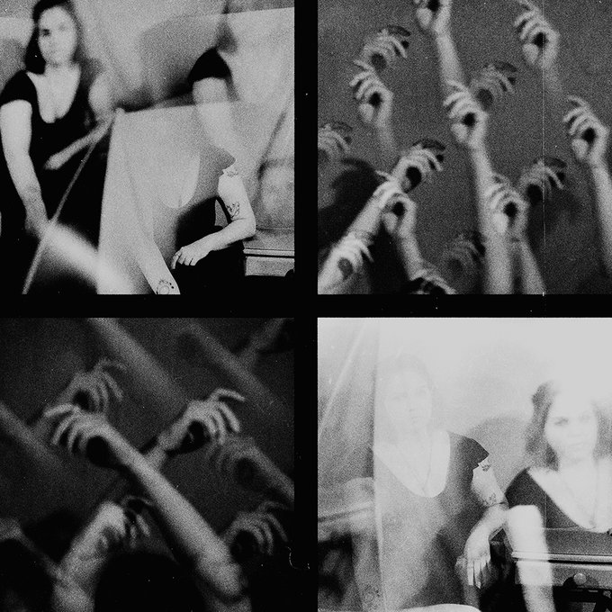 A black and white four-panel collage shows blurred images of a person holding a blank board and various shots of hands raised against a dark background.