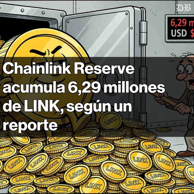 A cartoon-style illustration with Spanish text reading 'Chainlink Reserve acumula 6,29 millones de LINK, según un reporte,' showing an anthropomorphic gold coin surrounded by LINK tokens in a vault.