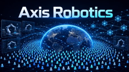 A digital banner displays the text 'Axis Robotics' in white against a dark blue background featuring a globe, network nodes, and inset images of robotic arms.
