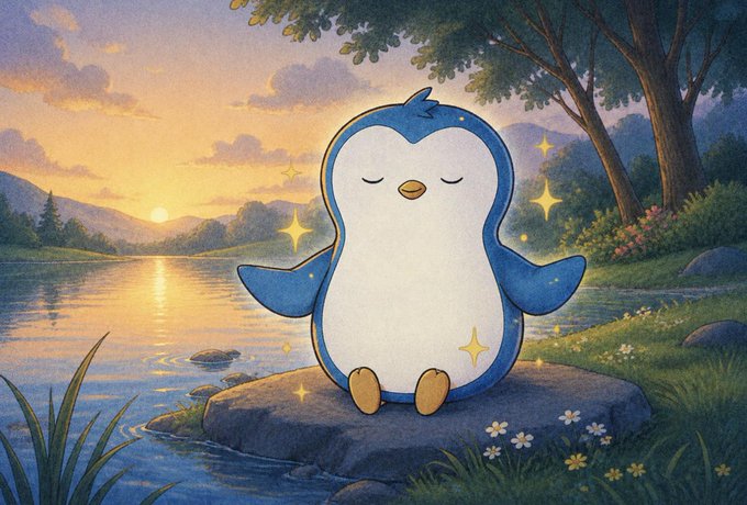 A digital illustration of a cute, meditating blue and white penguin-like creature sitting on a rock by a serene lake at sunset, with sparkles and flowers around it.
