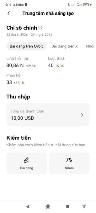 A Vietnamese-language creator dashboard showing metrics for 'Trung tâm nhà sáng tạo' (Creator Center) including 80,86 N views (+59.5%), 40 likes, and $10.00 USD in total earnings.