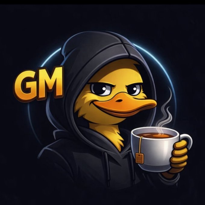 Cartoon-style illustration of a yellow duck wearing a dark hoodie, holding a tea bag in a white cup of hot beverage with 'GM' text in golden letters.