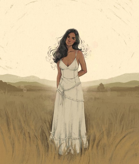 An artistic illustration of a woman with long dark hair wearing a white dress, standing in a golden grassy field with hills in the background.