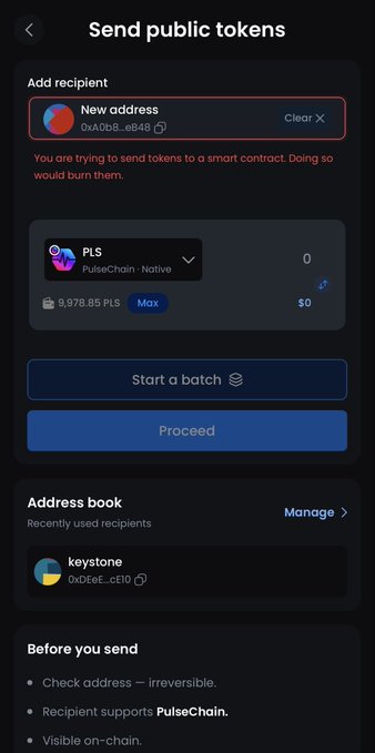 This ZKX Wallet interface displays a warning: "You are trying to send tokens to a smart contract. Doing so would burn them," helping users avoid permanently losing funds. The image shows the PLS token on PulseChain and a recipient address that has triggered this alert.