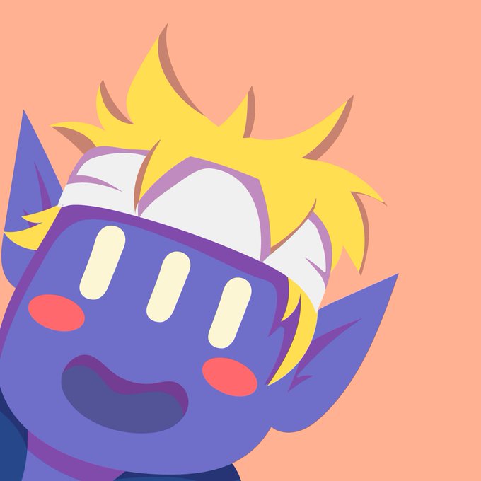 A digital illustration of a blue elf-like character with yellow spiky hair, red cheeks, and a wide-open mouth expression against a peach background.