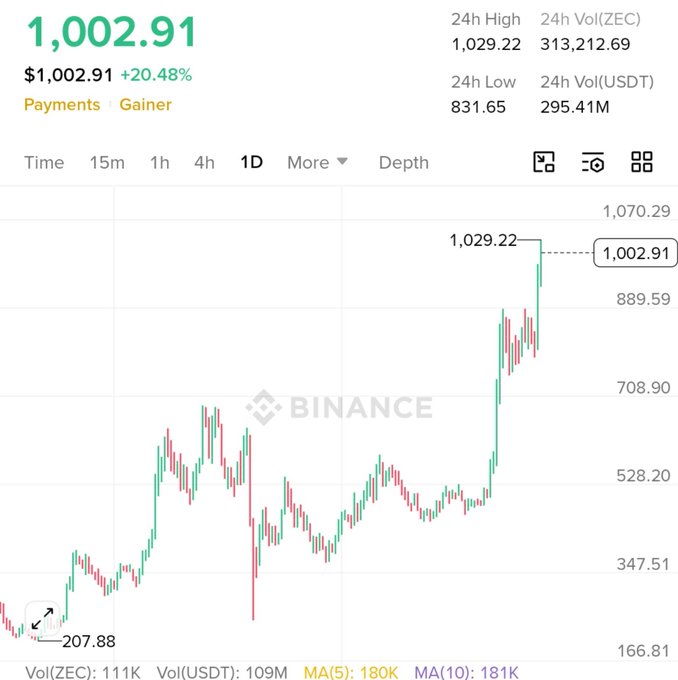 A Binance trading chart shows ZEC (Zcash) priced at $1,002.91, up 20.48%, labeled as 'Payments Gainer' with a 24h high of $1,029.22 and 24h low of $831.65.