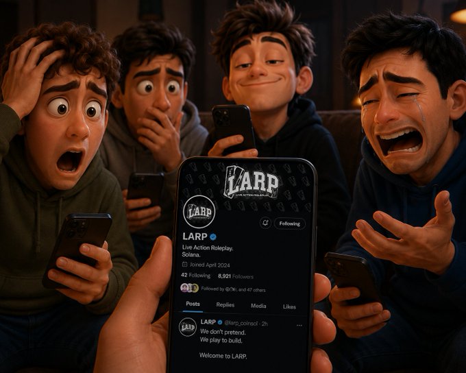 A group of cartoon-style young men react in exaggerated horror—one covering his face in disbelief, another covering his mouth in shock, and one openly weeping—as they stare at a phone displaying an X (formerly Twitter) profile for "LARP" (Live Action Roleplay) with 8,921 followers. The mocked profile bio reads "We don't pretend. We play to build. Welcome to LARP," poking fun at the post's claim that someone announced their $64 Web3 portfolio as a major life update.