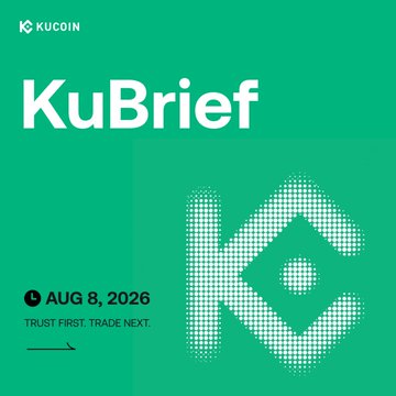 A green promotional graphic for KuCoin's "KuBrief" newsletter dated August 8, 2026, featuring a pixelated "K" logo and the tagline "TRUST FIRST. TRADE NEXT." This visual reinforces the post's message by highlighting KuCoin's 9-year track record of trust, including its 44-month Proof-of-Reserves streak and 2026 H1 Snapshot achievements in assets, liquidity, and payments.