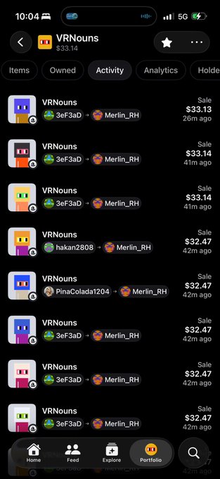 A mobile screenshot of the OpenSea app displaying the VRNouns collection with a floor price of $33.14, showing recent sales mostly between buyers like 3ef3aD and hakan2808, and seller Merlin_RH. The image supports the post's claim by highlighting Merlin's recurring role as the seller in multiple recent VRNouns transactions, tracking progress toward a $50 floor price target.