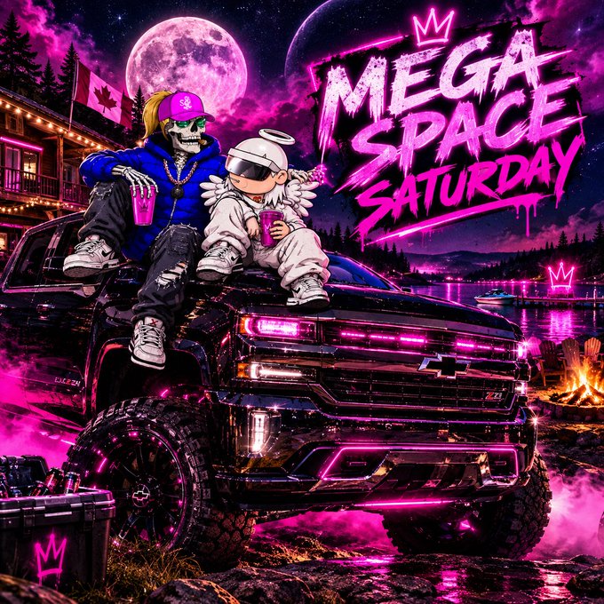 A vibrant pink and purple promotional graphic for 'MEGA SPACE SATURDAY' featuring cartoon characters sitting on a Chevrolet truck under a full moon with a cottage and campfire in the background.