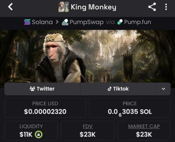 A cryptocurrency token page for 'King Monkey' on Solana via PumpSwap and Pump.fun, showing a price of $0.00002320 USD (0.0...3035 SOL) with $11K liquidity, $23K FDV, and $23K market cap.